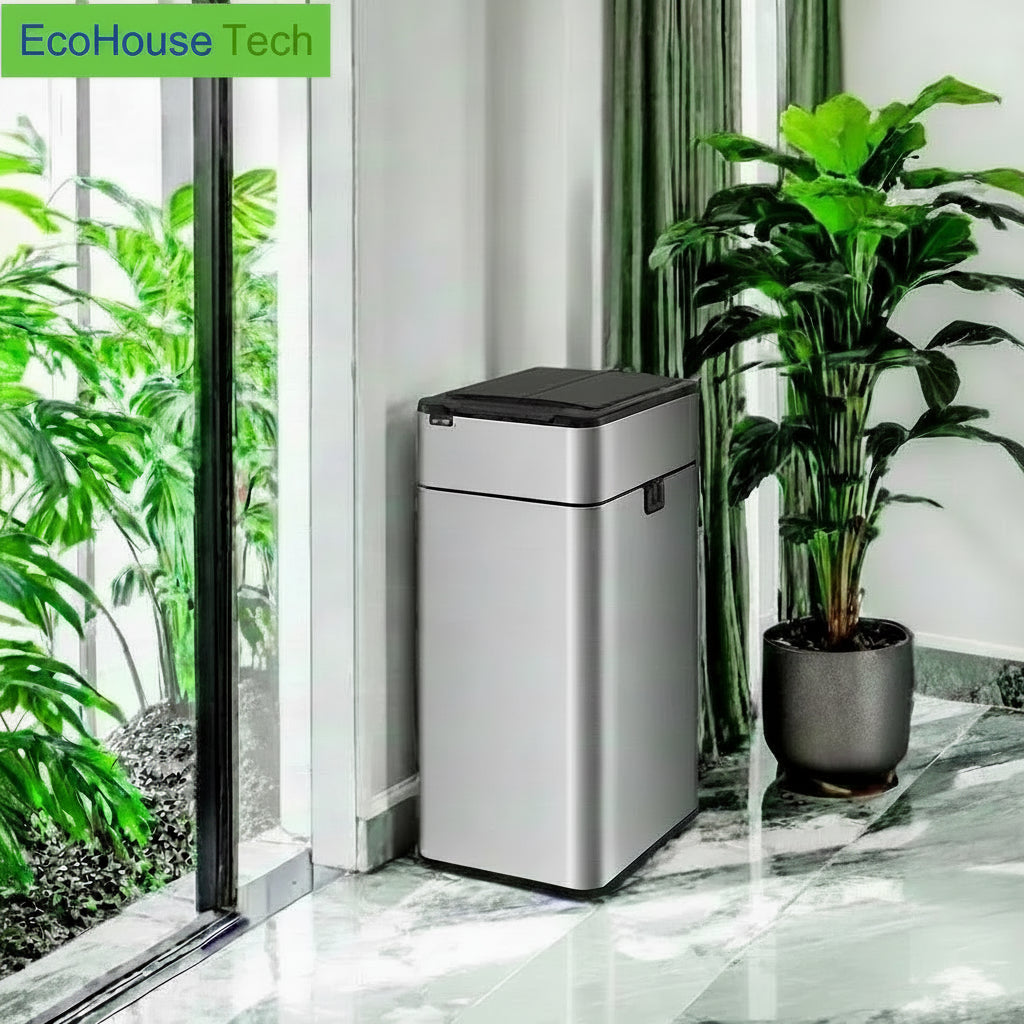 Silver trash can with black lid on a marble floor next to a potted plant